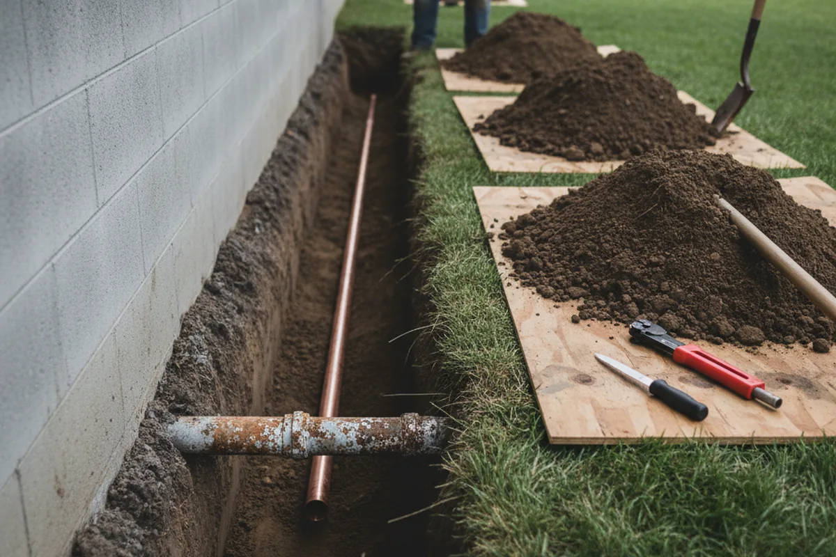 Excavated water line trench during Sewer Line Repair in Sallisaw